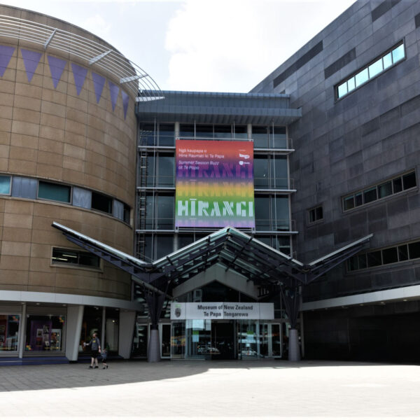 Te Papa with external Hīrangi banner, 2022. Photo by Jax Myers Te Papa